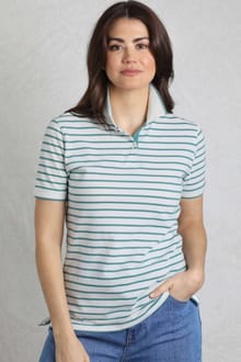 Janely Organic Cotton Striped Pique Polo Mineral Blue