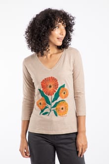 Flower Power Organic Cotton 3/4 Sleeve Graphic T-Shirt Sand Dune