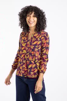 Brooke Organic Cotton Printed V Neck Jersey Top Night Blue